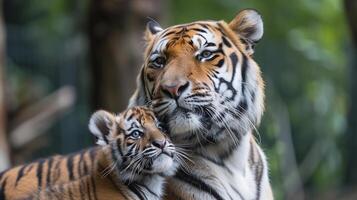 AI generated Portrait of a male tiger with a little tiger cub, background image, generative AI photo