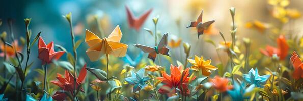 AI generated Origami Garden, illustrate an enchanting garden scene with origami flowers, plants and butterflies, background image, generative AI photo