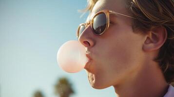 ai generado retrato de un joven blanco masculino vistiendo Gafas de sol soplo burbuja chicle, antecedentes imagen, generativo ai foto