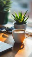 AI generated Minimalist desk setup with a potted plant, a cup of coffee, and neatly arranged office supplies, background image, generative AI photo