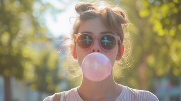 AI generated Portrait of a young white female wearing sunglasses blowing bubble gum, background image, generative AI photo