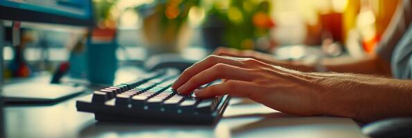 AI generated Zoom in on a person's hands typing on a keyboard, background image, generative AI photo