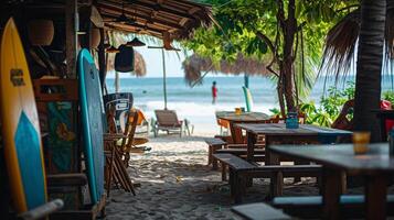 ai generado fotografía un playa café con tablas de surf como decoración, antecedentes imagen, generativo ai foto