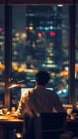 AI generated After-Hours Work, soft focus lens, Illustrate a dedicated employee working late at the office, background image, generative AI photo