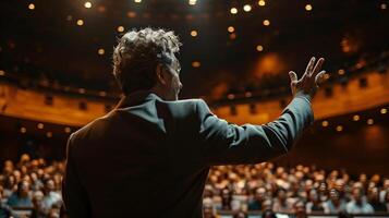 AI generated Back view portrait of a successful white male Motivational Speaker raising her hand on Stage, background image, AI generated photo