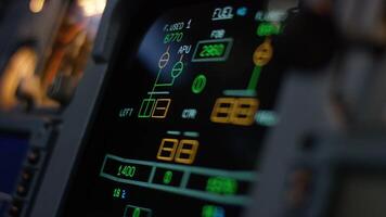 Autopilot control element of an airliner. Panel of switches on an aircraft flight deck. Thrust levers of a twin engined airliner. Pilot controls the aircraft. Onboard computer, cockpit video