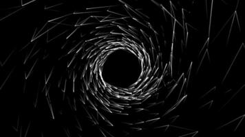 Abstract background with animation of white geometric shapesin and abstract futuristic tunnel with light. Animation of seamless loop. animation of rotation circles and rings with light rays and glow video