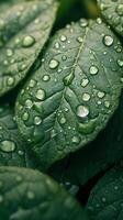 AI generated Close-up image of water droplets delicately glistening on a leaf in the soft morning light, background image, AI generated photo