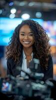 AI generated Portrait of a smiling black female anchoring news on TV, background image, AI generated photo