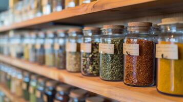 AI generated Spice Jar Symphony, collection of neatly labeled spice jars on a kitchen shelf, background image, generative AI photo