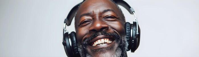 ai generado retrato de un negro de edad mediana masculino sonriente mientras vistiendo inalámbrico auriculares en contra blanco fondo, generativo ai foto