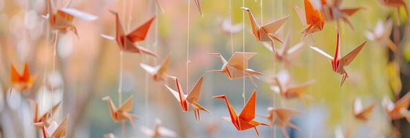 AI generated Paper Crane Cascade, background image, generative AI photo