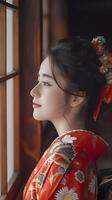 ai generado retrato de joven hermosa japonés hembra vistiendo tradicional japonés ropa, generativo ai foto