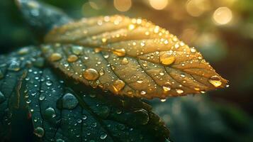 AI generated Close-up image of water droplets delicately glistening on a leaf in the soft morning light, background image, AI generated photo