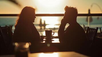 ai generado costero café fecha, Pareja o amigos sentado a un junto a la playa cafetería, antecedentes imagen, generativo ai foto