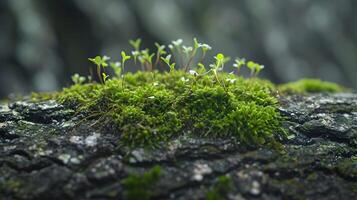 AI generated Miniature landscape of moss growing on a tree bark, background image, generative AI photo