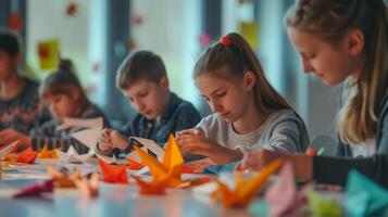 AI generated Origami Workshop, people of all ages engaging in an origami workshop, background image, generative AI photo