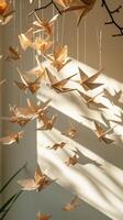 AI generated Origami Mobile, mobile composed of delicate origami creations, background image, generative AI photo