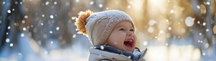 AI generated Portrait of a white toddler girl laughing loudly against winter atmosphere background, background image, generative AI photo