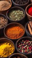 AI generated Spice Palette, artistic arrangement of various spices in small bowls or containers, background image, generative AI photo