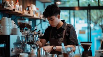 ai generado junto a la playa barista, barista a trabajo en un junto a la playa cafetería, antecedentes imagen, generativo ai foto