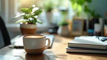 AI generated Minimalist desk setup with a potted plant, a cup of coffee, and neatly arranged office supplies, background image, generative AI photo