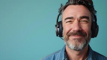 AI generated Portrait of a white middle-aged male smiling while wearing wireless headphones against pastel blue background, generative AI photo