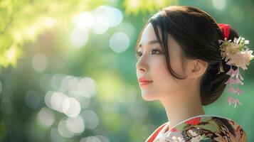 ai generado retrato de joven hermosa japonés hembra vistiendo tradicional japonés ropa, generativo ai foto