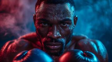 AI generated Portrait of a black male boxer on action against textured background with space for text, background image, AI generated photo