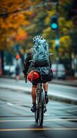 AI generated Bike Touring Adventure, cyclist loaded with touring gear, background image, generative AI photo