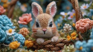 AI generated Easter bunny, bright colored embroidery style, background image, generative AI photo