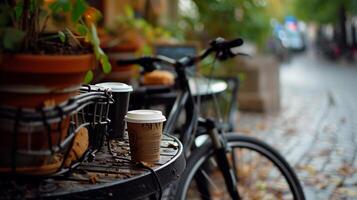 AI generated Bike and Coffee, cyclist taking a break at a cozy cafe with a bike parked nearby, background image, generative AI photo