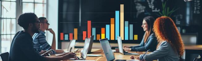 AI generated Bar chart where each bar represents a different team contribution to the overall business growth, background image, generative AI photo