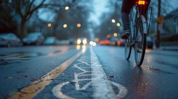 ai generado bicicleta carril aventura, ciclista montando abajo un designado bicicleta carril en un urbano configuración, antecedentes imagen, generativo ai foto