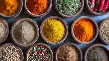 AI generated Spice Palette, artistic arrangement of various spices in small bowls or containers, background image, generative AI photo