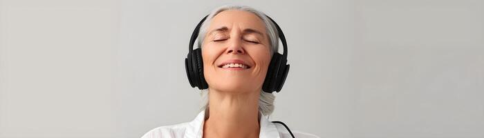 AI generated Portrait of a white middle-aged female smiling and closing her eyes while wearing wireless headphones against white background, generative AI photo