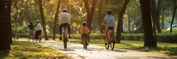 ai generado renovado al aire libre actividades, personas atractivo en al aire libre ocupaciones me gusta andar en bicicleta, senderismo, o jugando Deportes en el agradable primavera clima, antecedentes imagen, generativo ai foto