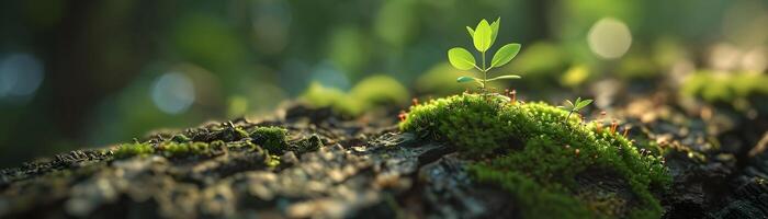 ai generado miniatura paisaje de musgo creciente en un árbol ladrar, antecedentes imagen, generativo ai foto