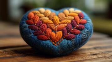 AI generated Valentine's day heart in bright colored embroidery style, background image, generative AI photo