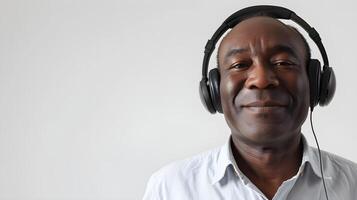 AI generated Portrait of a black middle-aged male smiling while wearing wireless headphones against white background, generative AI photo
