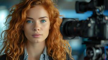 AI generated Portrait of a red curly hair white female reporter in action, background image, AI generated photo