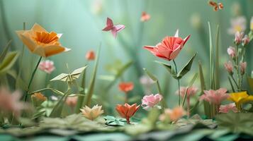 ai generado origami jardín, ilustrar un encantador jardín escena con origami flores, plantas y mariposas, antecedentes imagen, generativo ai foto