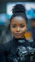 AI generated Portrait of a black female news reporter in action, background image, AI generated photo