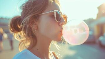 AI generated Portrait of a young white female wearing sunglasses blowing bubble gum, background image, generative AI photo