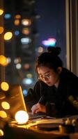 AI generated After-Hours Work, soft focus lens, Illustrate a dedicated employee working late at the office, background image, generative AI photo