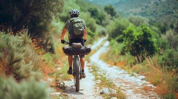 ai generado bicicleta turismo aventura, ciclista cargado con turismo engranaje, antecedentes imagen, generativo ai foto