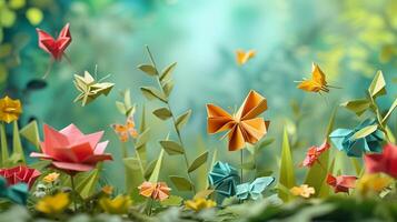 AI generated Origami Garden, illustrate an enchanting garden scene with origami flowers, plants and butterflies, background image, generative AI photo