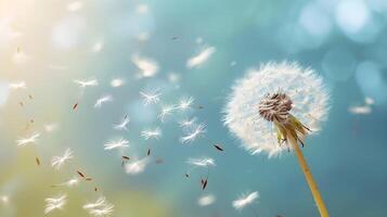 AI generated Freeze the moment when dandelion seeds are released into the air, background image, generative AI photo