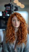 AI generated Portrait of a red curly hair white female reporter in action, background image, AI generated photo