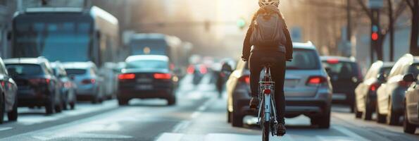 ai generado bicicleta conmutar en el ciudad, viajero diario al trabajo en un bicicleta navegando mediante ciudad tráfico, antecedentes imagen, generativo ai foto